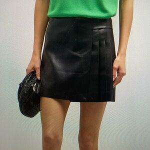 Black Vegan Leather Asymmetric Pleated Mini Skirt | Size 2